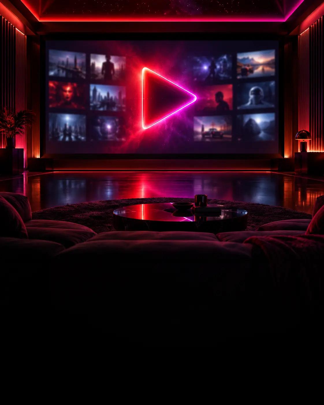 Neon home cinema with a glowing play symbol